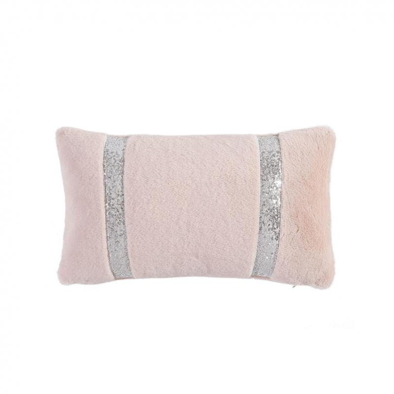 Platinum Seville Blush Faux Fur With Sequin Stripe Decorator Cushion | 30x50 | Blush